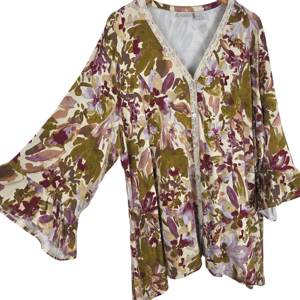 LOGO Lori Goldstein 3X Floral Button Front Cardigan Lace Trim 3/4 Bell Sleeves